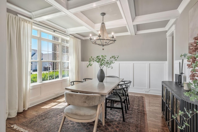 1009 Alpaca Dr, Spring Hill, TN 37174 - dining space with a decorative wall, a wealth of natural light, dark wood-type flooring, coffered ceiling, and a notable chandelier