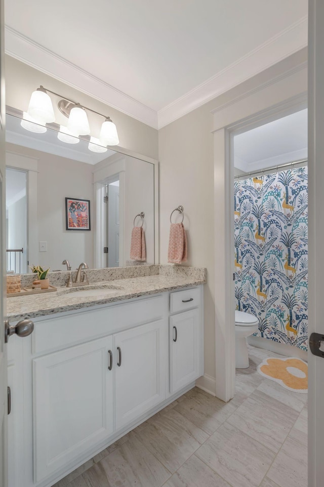 1009 Alpaca Dr, Spring Hill, TN 37174 - full bathroom with crown molding, toilet, a shower with shower curtain, and vanity
