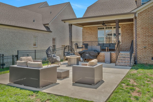 1009 Alpaca Dr, Spring Hill, TN 37174 - view of patio featuring an outdoor living space, a grill, fence, and a ceiling fan