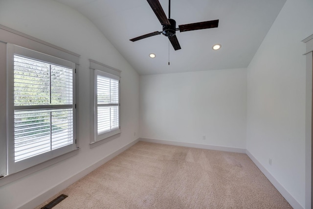509D Chesterfield Ave, Nashville, TN 37212 - unfurnished room featuring baseboards, ceiling fan, recessed lighting, vaulted ceiling, and light colored carpet