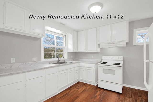 216 Belding Dr, Nashville, TN 37214 - kitchen with white cabinets, a sink, dark wood-style flooring, white appliances, and under cabinet range hood