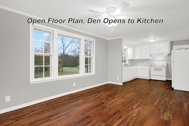 216 Belding Dr, Nashville, TN 37214 - interior space with baseboards, white appliances, dark wood-style floors, crown molding, and under cabinet range hood