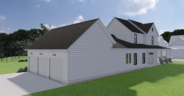 view of side of property with a yard, a patio, and a shingled roof