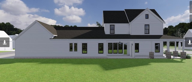 back of property with a lawn and roof with shingles