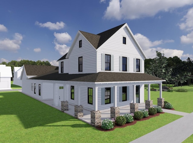 view of side of property featuring covered porch, a shingled roof, and a yard