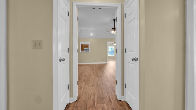 hall with baseboards and wood finished floors