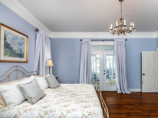 1698 Burke Hollow Rd, Nolensville, TN 37135 - bedroom featuring an inviting chandelier, french doors, crown molding, dark wood-type flooring, and access to exterior