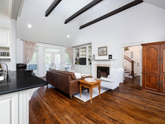 1698 Burke Hollow Rd, Nolensville, TN 37135 - living room featuring high vaulted ceiling, beamed ceiling, dark wood finished floors, recessed lighting, and stairs