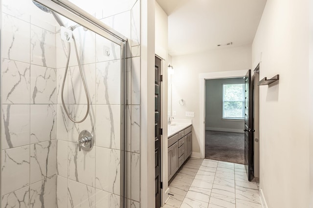 224 Griffin Ln, Gallatin, TN 37066 - bathroom featuring a shower stall, vanity, visible vents, marble finish floor, and baseboards