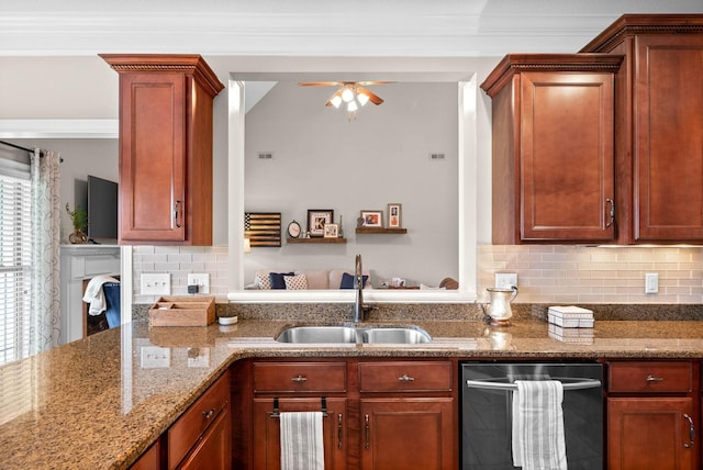 kitchen featuring stone counters, a ceiling fan, decorative backsplash, dishwasher, and a sink