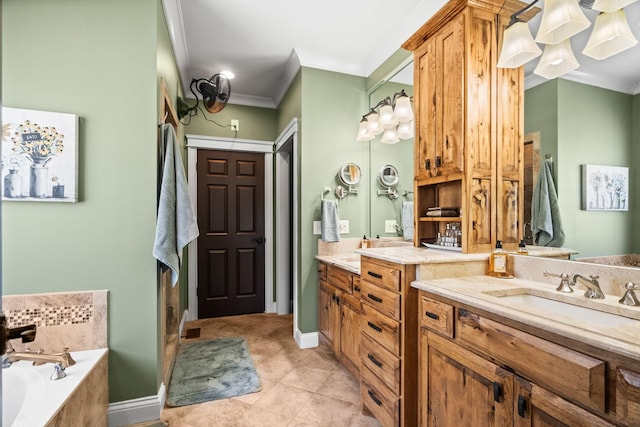 113 St Charles Way, Gallatin, TN 37066 - bathroom featuring a garden tub, tile patterned flooring, double vanity, and crown molding