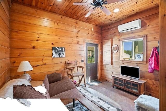 113 St Charles Way, Gallatin, TN 37066 - carpeted living area featuring a wall mounted AC, ceiling fan, wooden walls, wooden ceiling, and recessed lighting