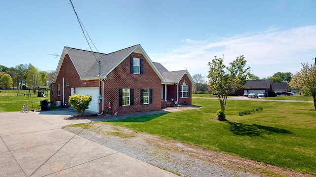 view of property exterior featuring a shingled roof, a yard, concrete driveway, and brick siding