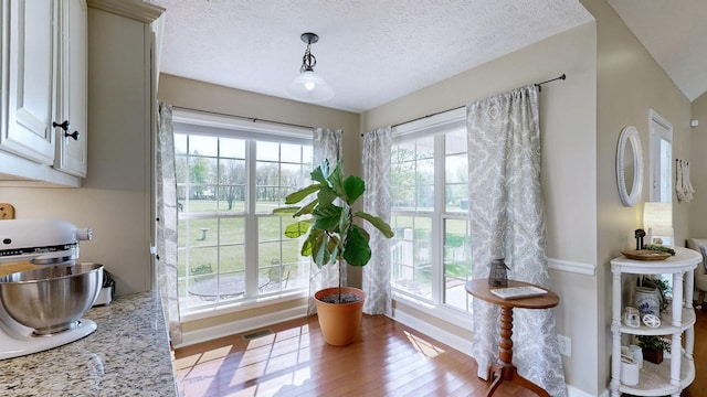 doorway to outside featuring visible vents, baseboards, a textured ceiling, and wood finished floors