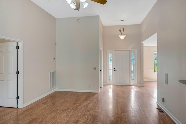308 Wareham Ct, Antioch, TN 37013 - entrance foyer with a high ceiling, wood finished floors, a ceiling fan, and visible vents