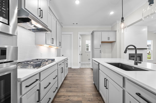 5818 Willoughby Way, Murfreesboro, TN 37129 - kitchen featuring crown molding, a sink, light countertops, stainless steel appliances, and under cabinet range hood