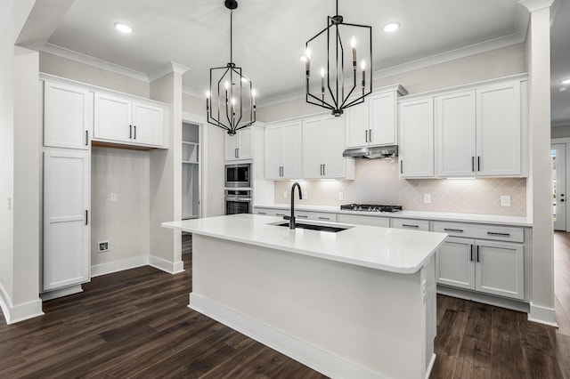 kitchen with dark wood-style flooring, appliances with stainless steel finishes, a sink, under cabinet range hood, and a center island with sink