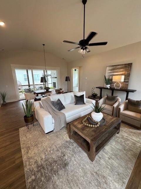 5739 Sagebrush Dr, Murfreesboro, TN 37129 - living area featuring dark wood-type flooring, a ceiling fan, and lofted ceiling