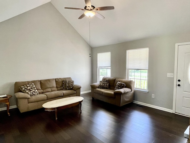 living area with high vaulted ceiling, baseboards, wood finished floors, and ceiling fan