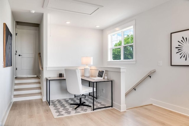 home office with baseboards, attic access, wood finished floors, and recessed lighting