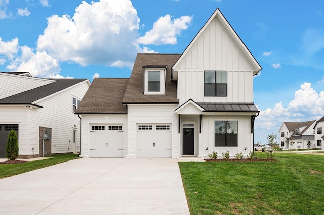 modern inspired farmhouse featuring board and batten siding, driveway, roof with shingles, and a front lawn