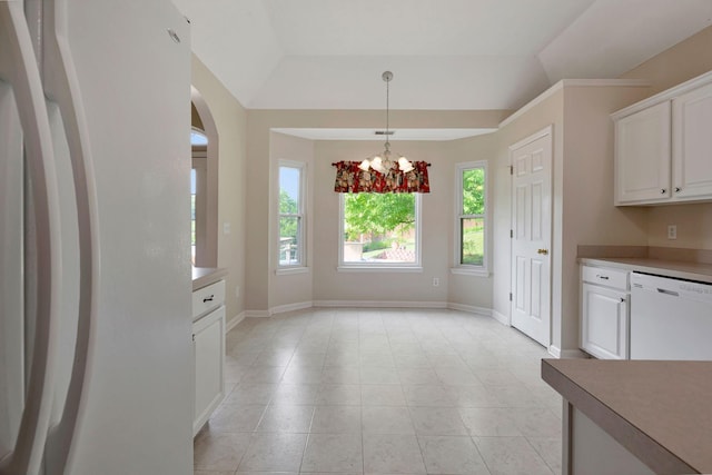 1528 Anthony Way, Mount Juliet, TN 37122 - kitchen featuring white appliances, white cabinets, vaulted ceiling, baseboards, and a chandelier