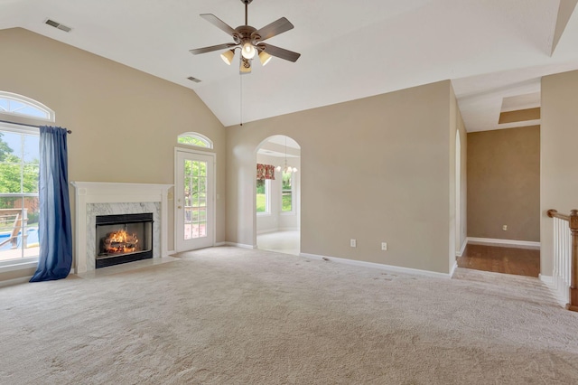 1528 Anthony Way, Mount Juliet, TN 37122 - unfurnished living room with ceiling fan, baseboards, vaulted ceiling, carpet flooring, and a high end fireplace