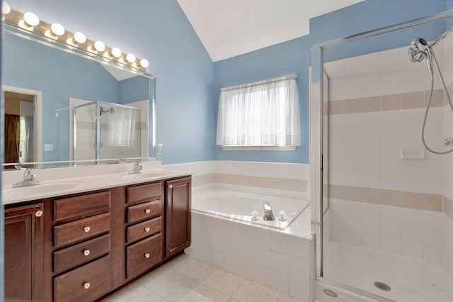 1528 Anthony Way, Mount Juliet, TN 37122 - bathroom featuring a shower stall, vaulted ceiling, tile patterned floors, a garden tub, and double vanity