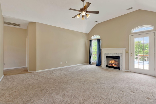 1528 Anthony Way, Mount Juliet, TN 37122 - unfurnished living room featuring a ceiling fan, vaulted ceiling, carpet, a high end fireplace, and baseboards