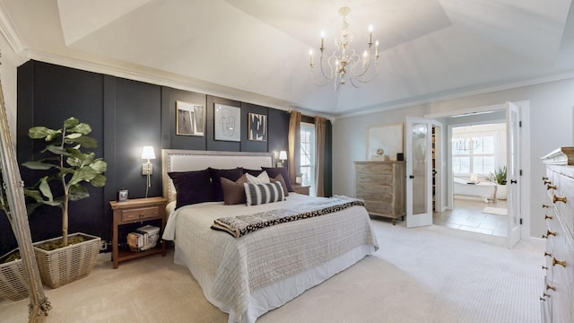 bedroom featuring crown molding, light colored carpet, and an inviting chandelier