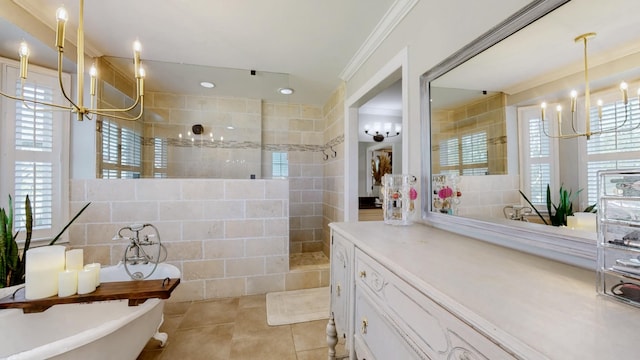 bathroom with tile patterned floors, a walk in shower, a notable chandelier, and a healthy amount of sunlight