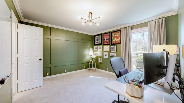 office space featuring a chandelier, a decorative wall, carpet flooring, and ornamental molding