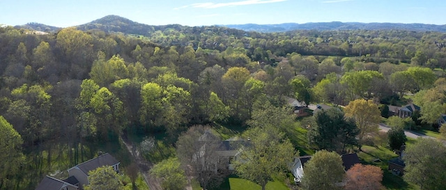 birds eye view of property featuring a mountain view and a forest view