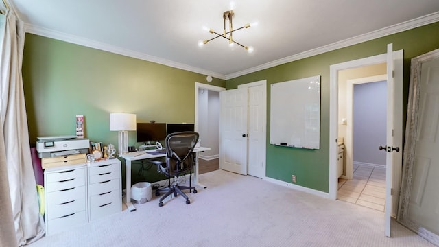 home office with light colored carpet, a notable chandelier, ornamental molding, and baseboards