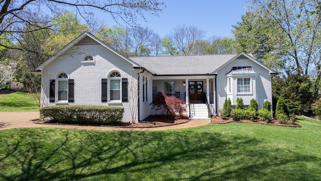 view of front of home featuring a shingled roof, a front yard, and brick siding