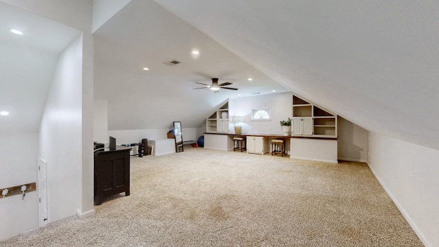 bonus room featuring visible vents, recessed lighting, vaulted ceiling, and carpet floors
