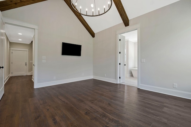 3050 Horn Springs Rd, Lebanon, TN 37087 - unfurnished living room featuring baseboards, a notable chandelier, dark wood finished floors, beamed ceiling, and high vaulted ceiling