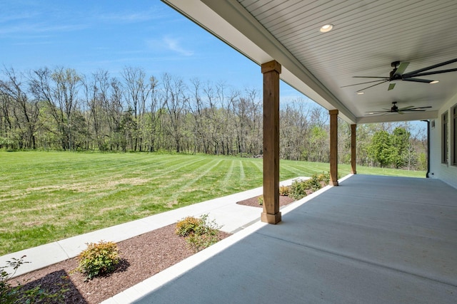 3050 Horn Springs Rd, Lebanon, TN 37087 - view of patio featuring ceiling fan and a view of trees