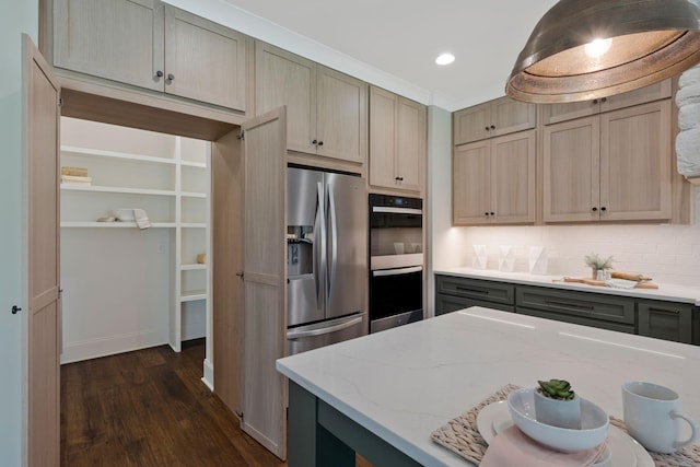 3050 Horn Springs Rd, Lebanon, TN 37087 - kitchen with stainless steel refrigerator with ice dispenser, dark wood-style flooring, multiple ovens, backsplash, and light stone counters
