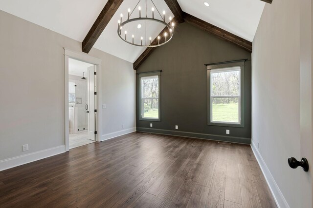 3050 Horn Springs Rd, Lebanon, TN 37087 - unfurnished room with a chandelier, vaulted ceiling with beams, baseboards, and dark wood finished floors
