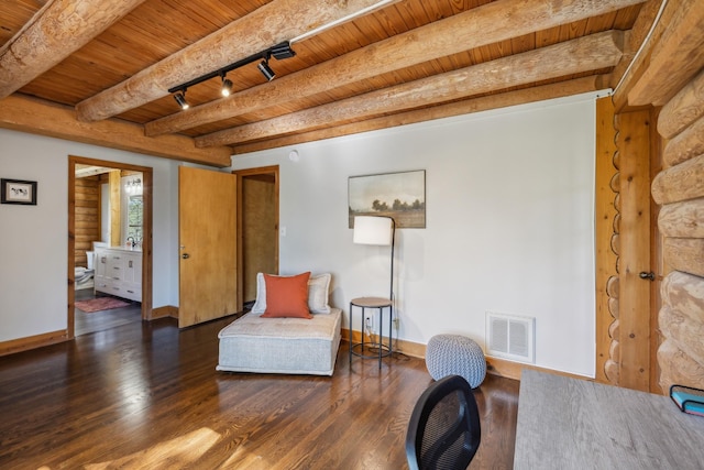 sitting room featuring visible vents, baseboards, wood finished floors, and wood ceiling