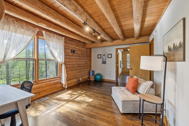interior space with wooden ceiling, beamed ceiling, log walls, and visible vents