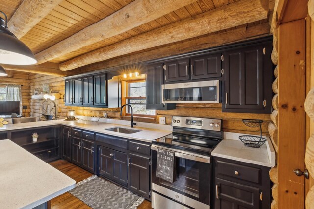 kitchen featuring wood ceiling, a healthy amount of sunlight, a sink, and stainless steel appliances