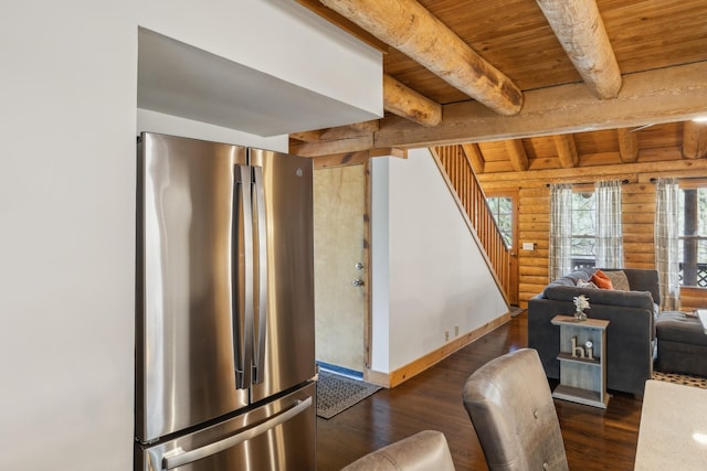 kitchen featuring log walls, wooden ceiling, dark wood-style flooring, and freestanding refrigerator