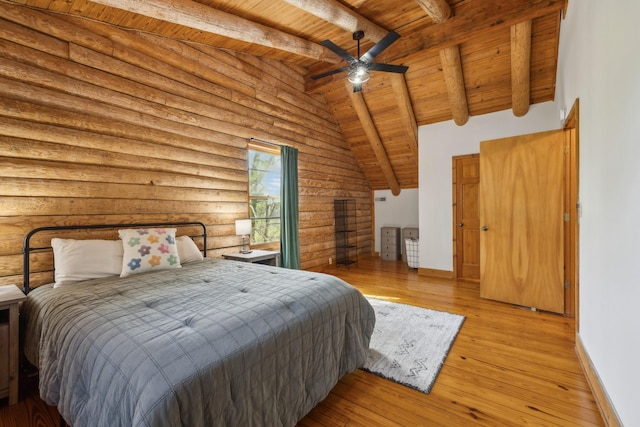 bedroom featuring wooden ceiling, baseboards, log walls, and hardwood / wood-style flooring