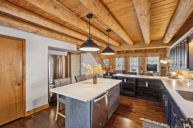kitchen with wooden ceiling, dark wood finished floors, visible vents, and stainless steel appliances