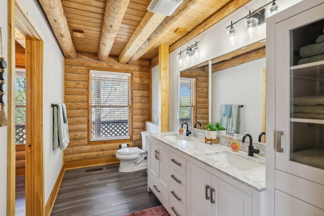 full bath with a sink, log walls, and wood ceiling