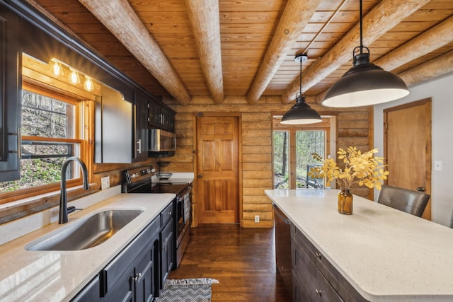 kitchen featuring a sink, appliances with stainless steel finishes, rustic walls, wood ceiling, and dark wood-type flooring