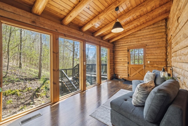 interior space with visible vents, wooden ceiling, lofted ceiling with beams, and rustic walls