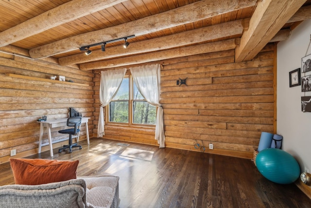 home office featuring track lighting, rustic walls, hardwood / wood-style flooring, wood ceiling, and beam ceiling